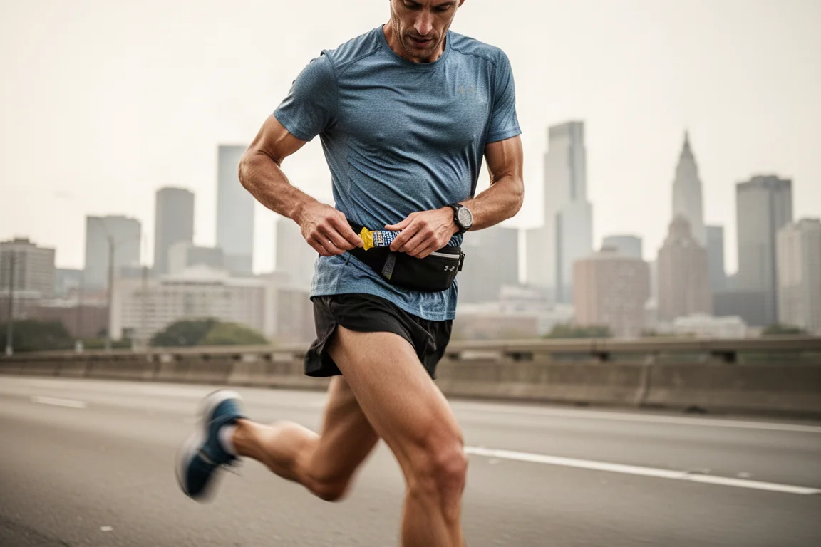 Löpare tar en energigel under ett långt maratonpass