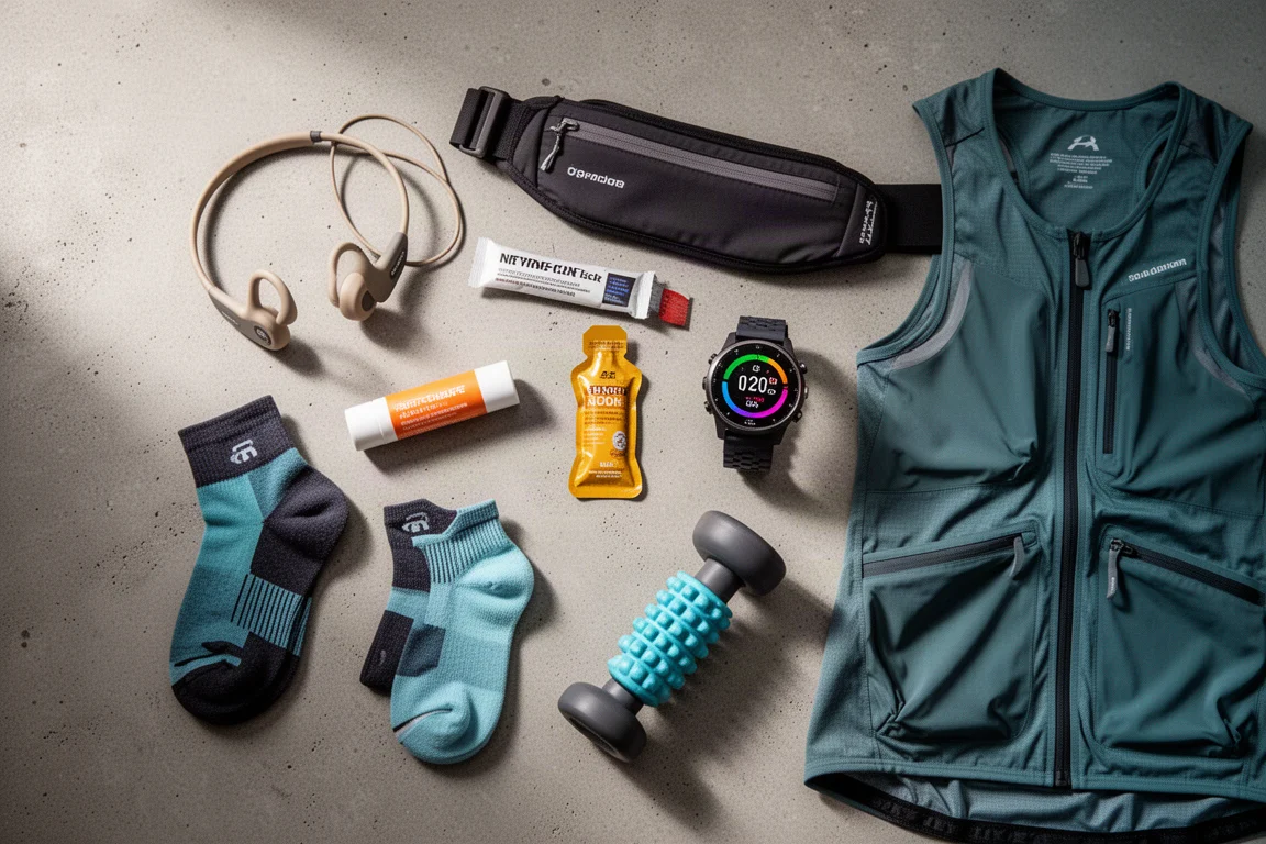 Flat-lay of essential running gear including headphones, belt, gels, watch, socks, roller and vest