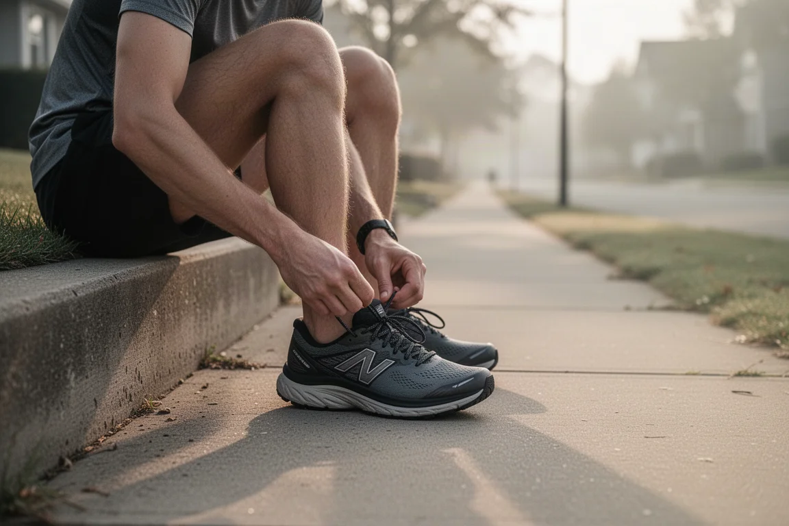 Un coureur attachant ses chaussures de running sur un trottoir de banlieue au lever du soleil