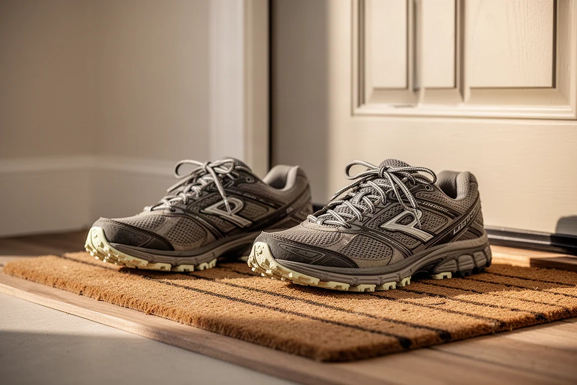 Chaussures de running posées devant une porte d'entrée après une sortie