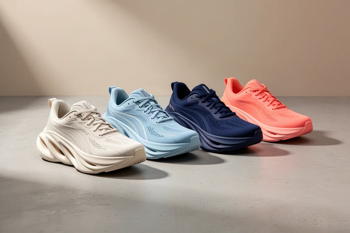 Vijf moderne hardloopschoenen met dikke foam-tussenzolen op grijs beton