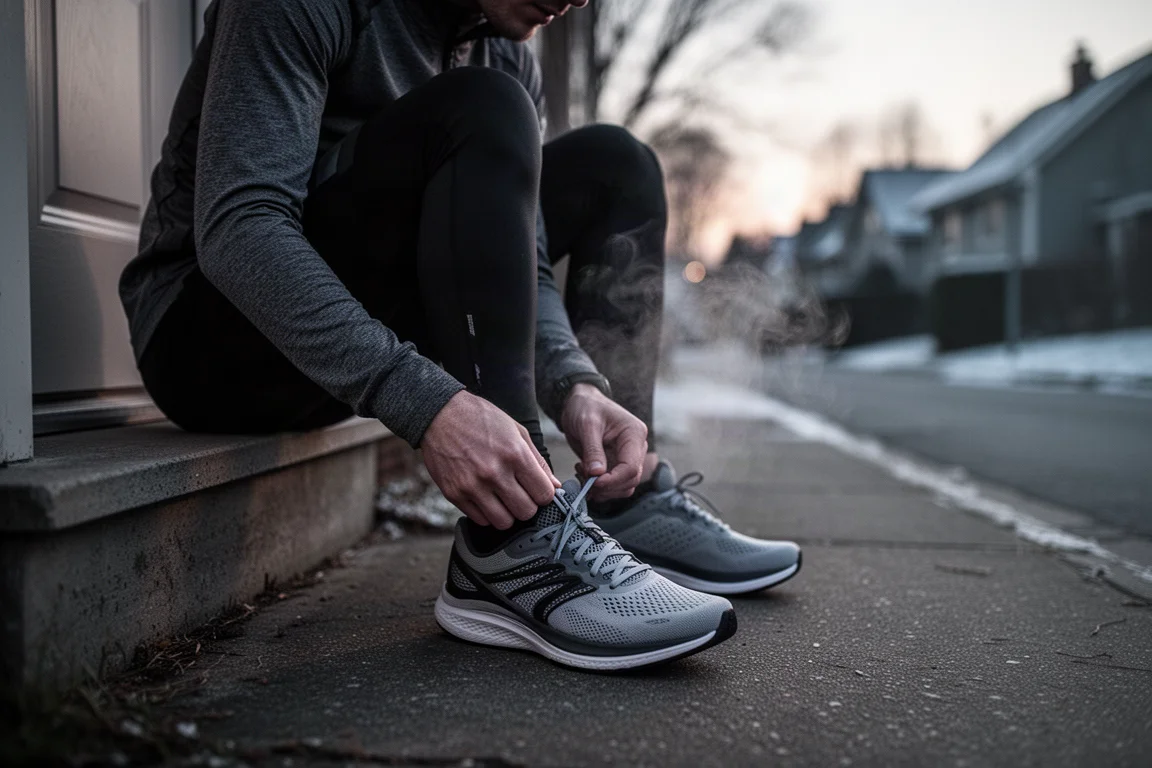 Läufer schnürt auf einer Haustürschwelle seine Laufschuhe vor einem frühen Morgenlauf bei gedämpftem Licht