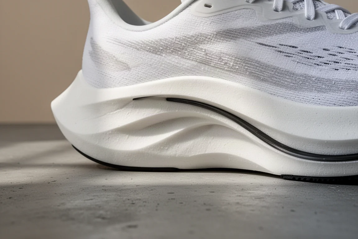 Nahaufnahme einer superkritischen Dämpfungsmittelsohle mit Carbonplatte an einem Wettkampfschuh