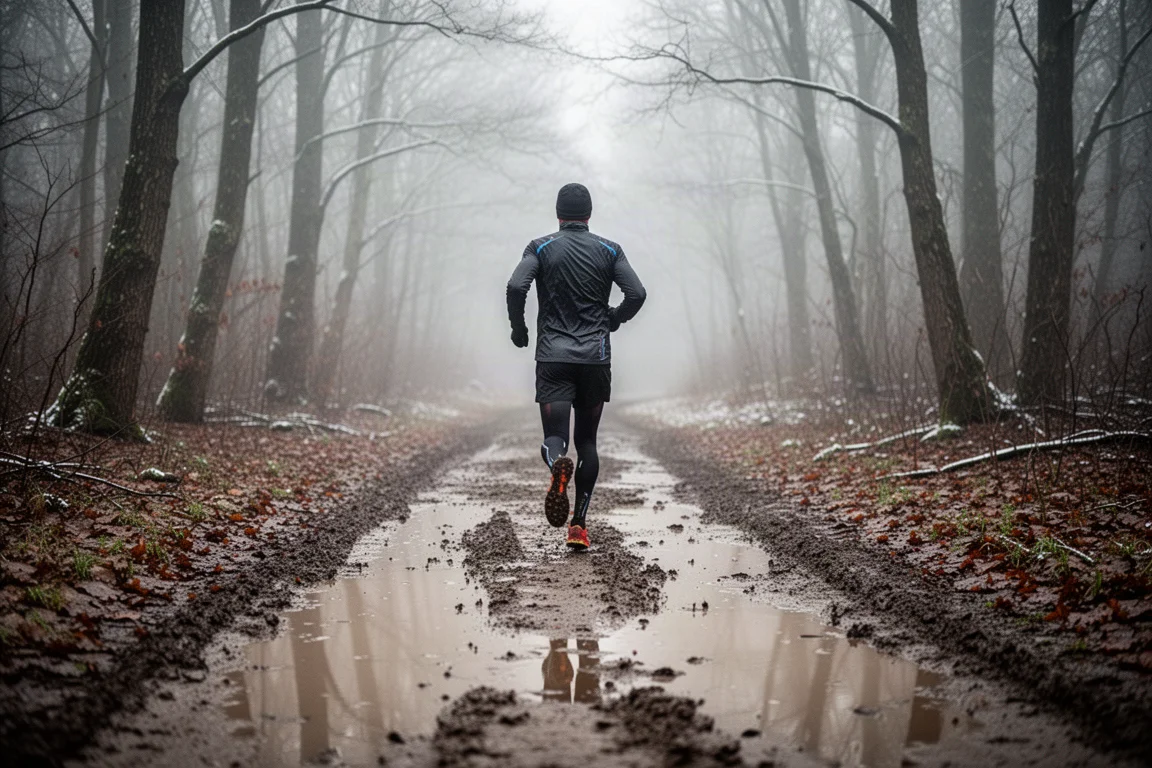 Trailrunner überquert einen matschigen Winterpfad bei kalten, nassen Bedingungen