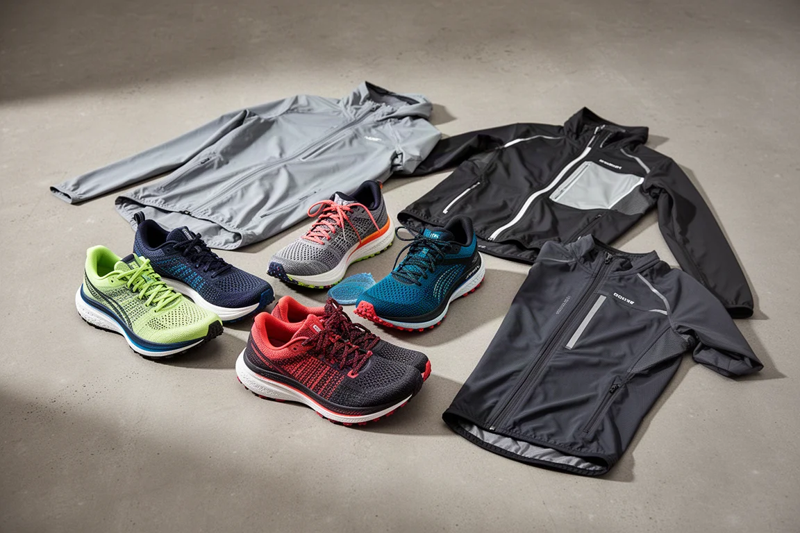 Collection of running shoes and jackets arranged on a concrete floor