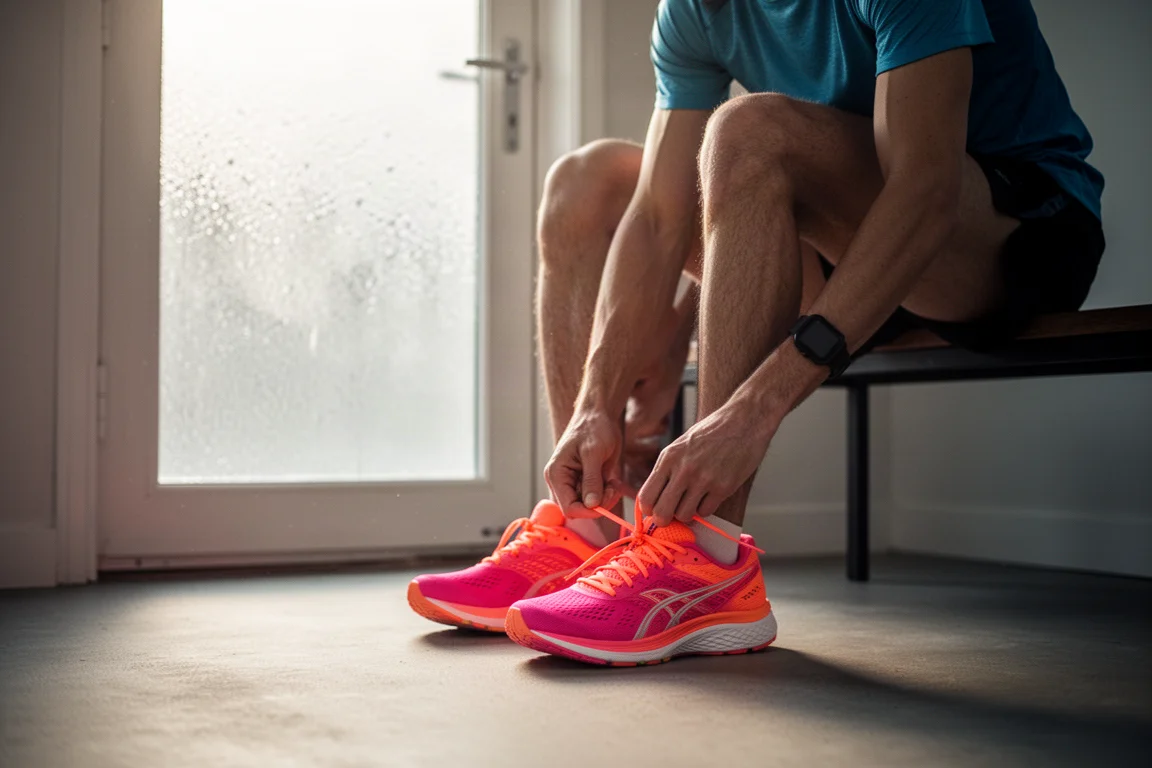 Läufer schnürt flache Laufschuhe an der Tür vor einem lockeren Morgenlauf