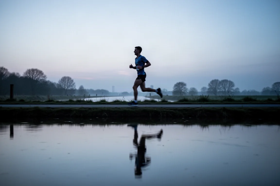 Läufer findet in einen langen, gleichmäßigen Lauf auf flachem Treidelpfad in der Dämmerung