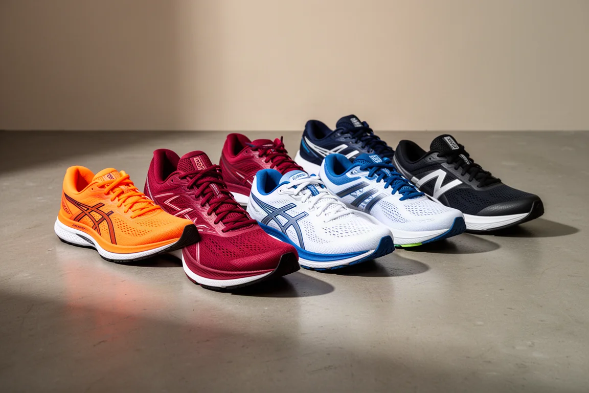 Eight running shoes in assorted colorways arranged on a concrete floor