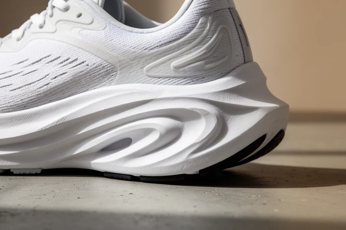 Mediasuela de zapatilla de running con gran amortiguación mostrando espuma gruesa y talón profundo