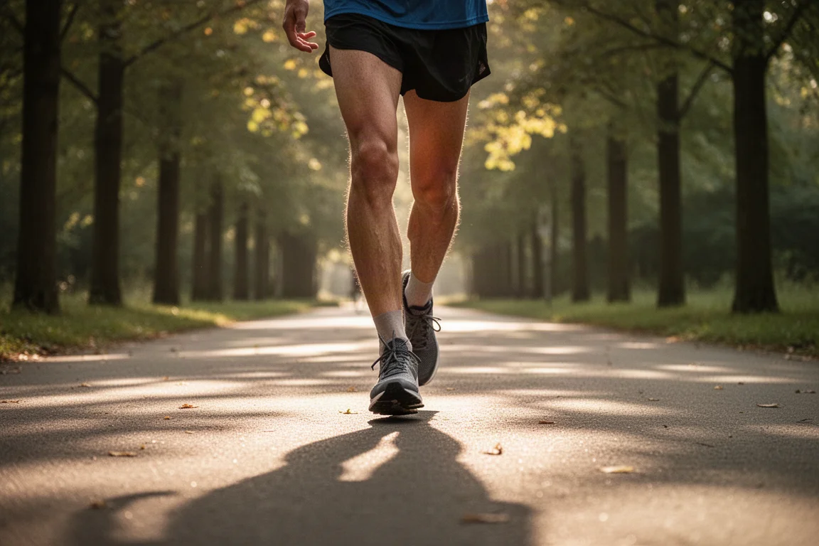 Corredor enfriándose tras una carrera larga en un sendero tranquilo con árboles