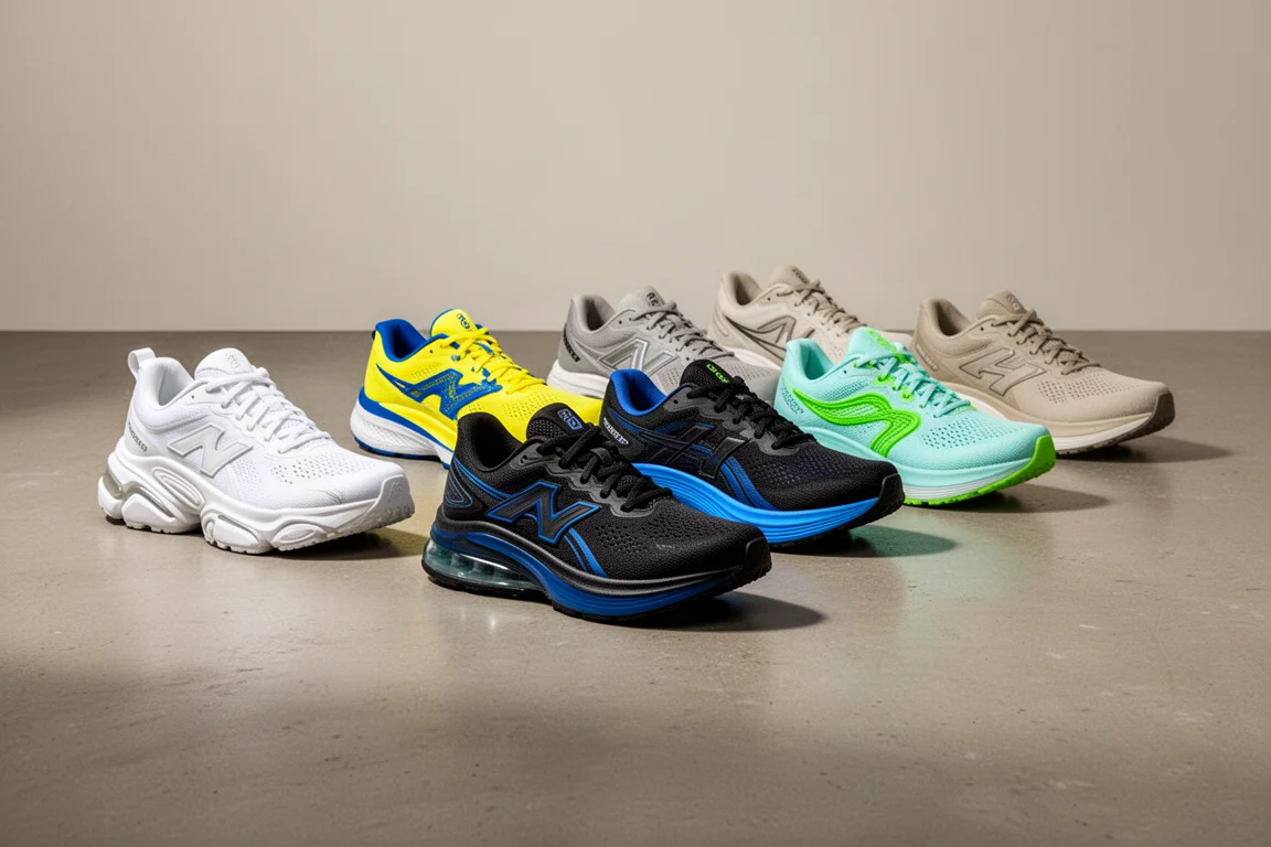 Zeven hardloopschoenen in diverse kleurstellingen, gerangschikt op een betonnen studiovloer
