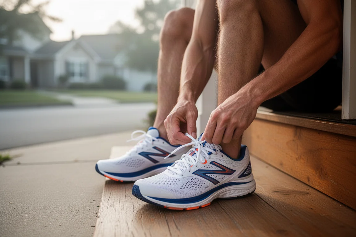 Un runner allaccia un paio di daily trainer su una soglia prima di una corsa leggera