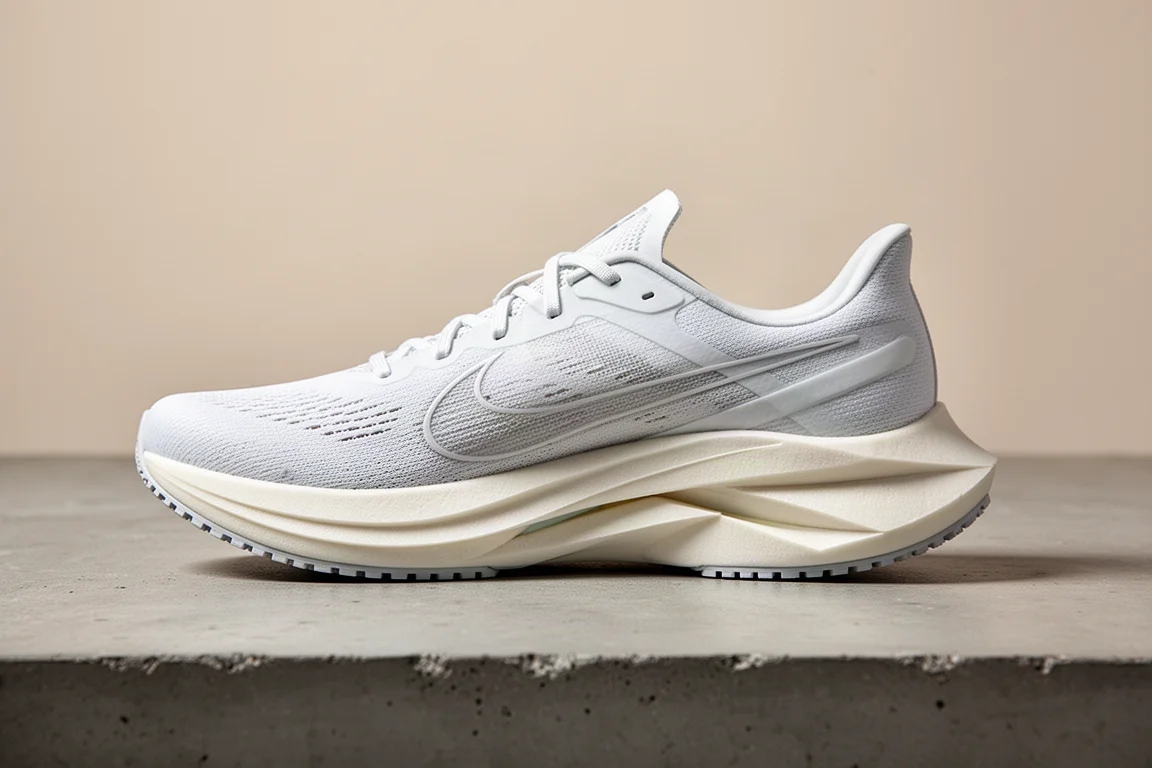 Inquadratura ravvicinata della midsole di una scarpa da gara con strati di schiuma e geometria della piastra