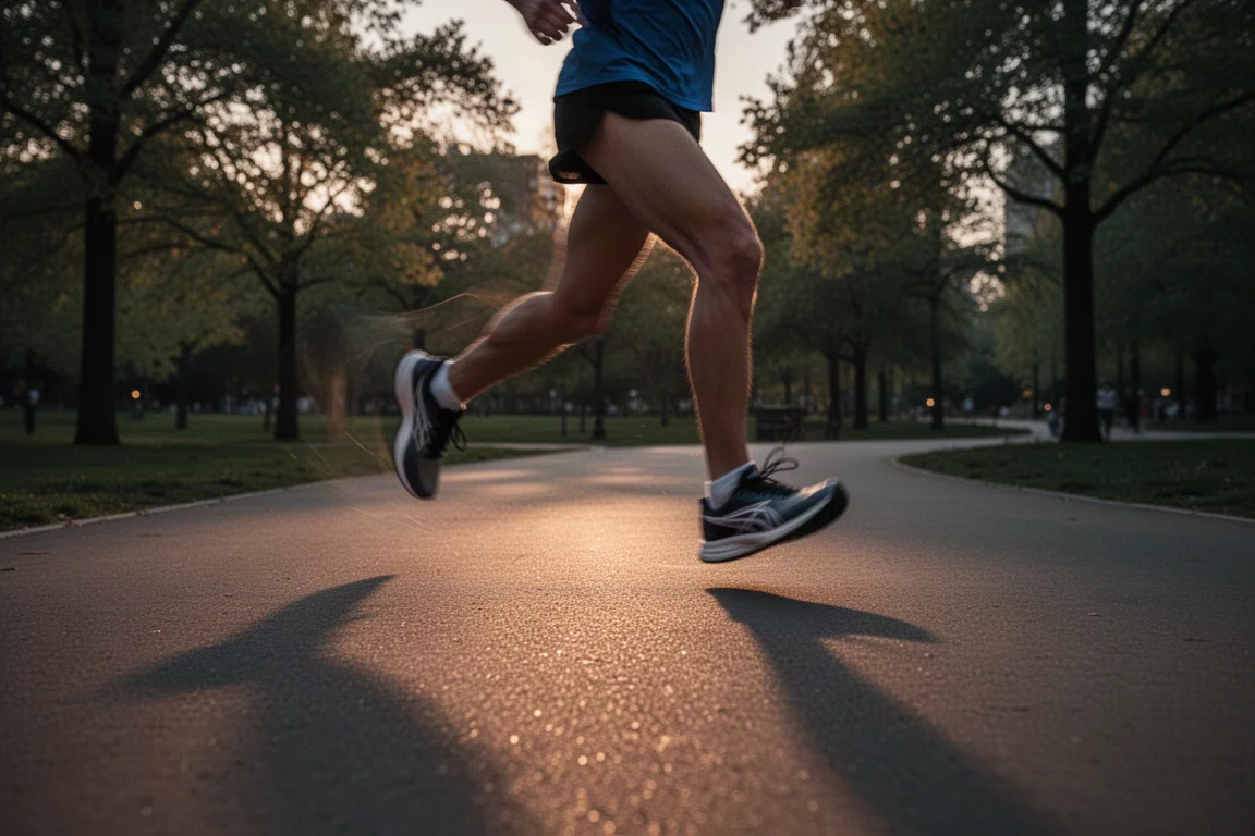 Un runner veloce su un asfalto al crepuscolo con scarpe da gara