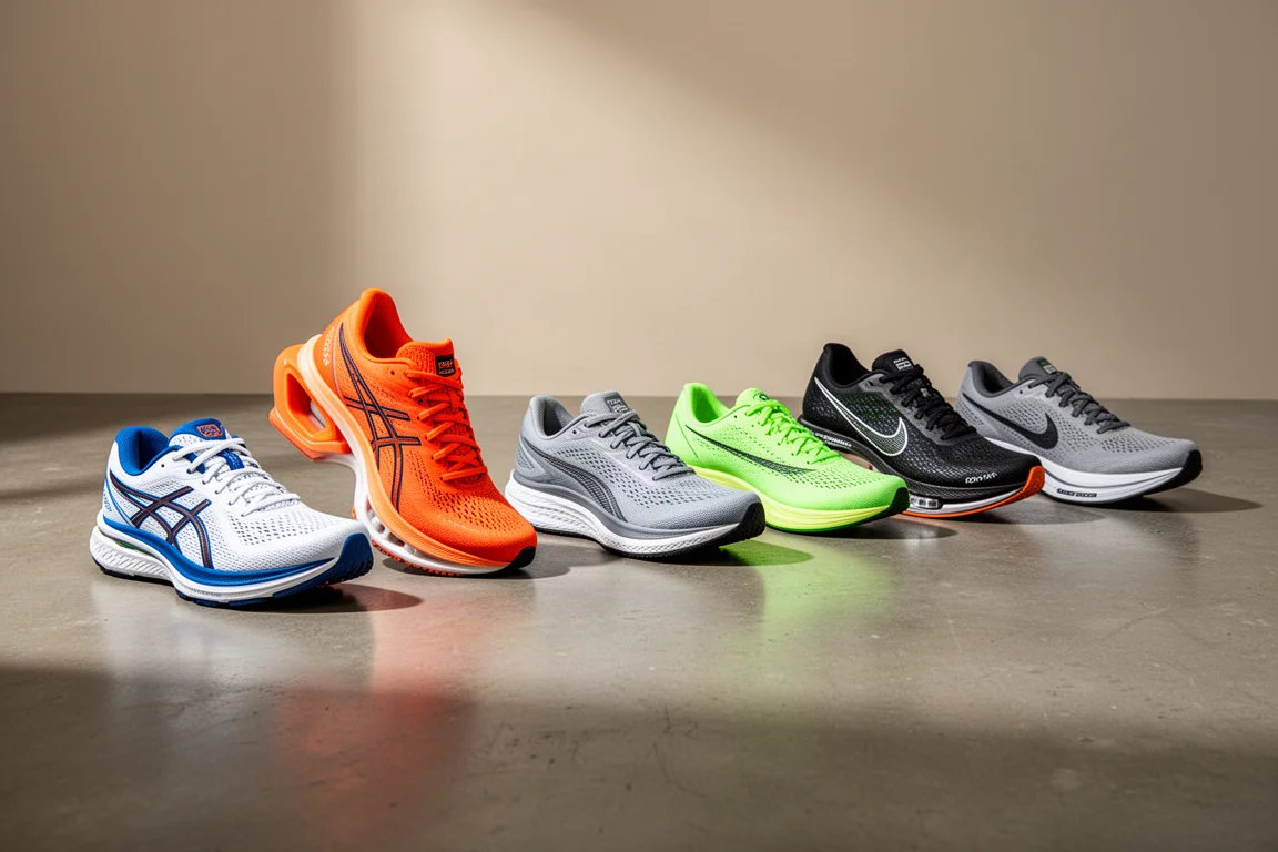Seven different discounted running shoes arranged in a row on concrete