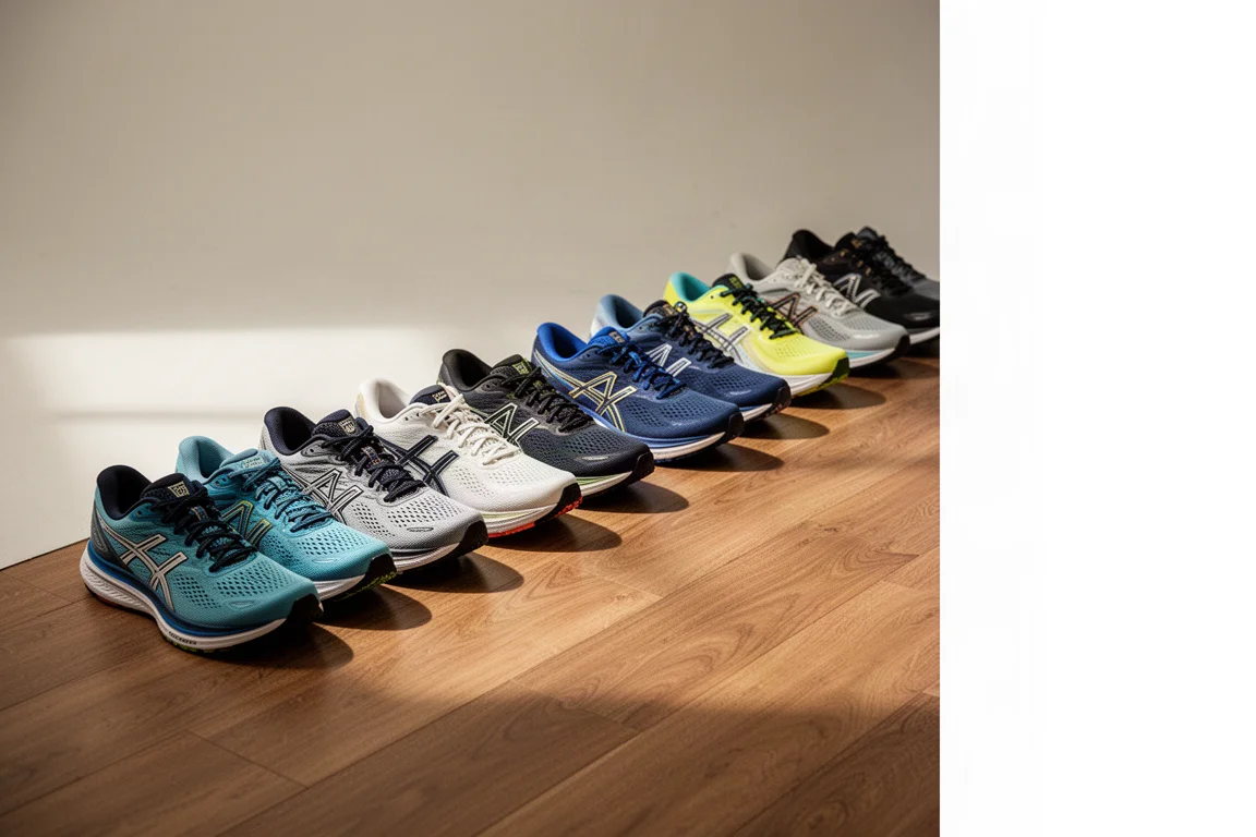 Rangée de chaussures de running en promotion sur un sol de studio en bois