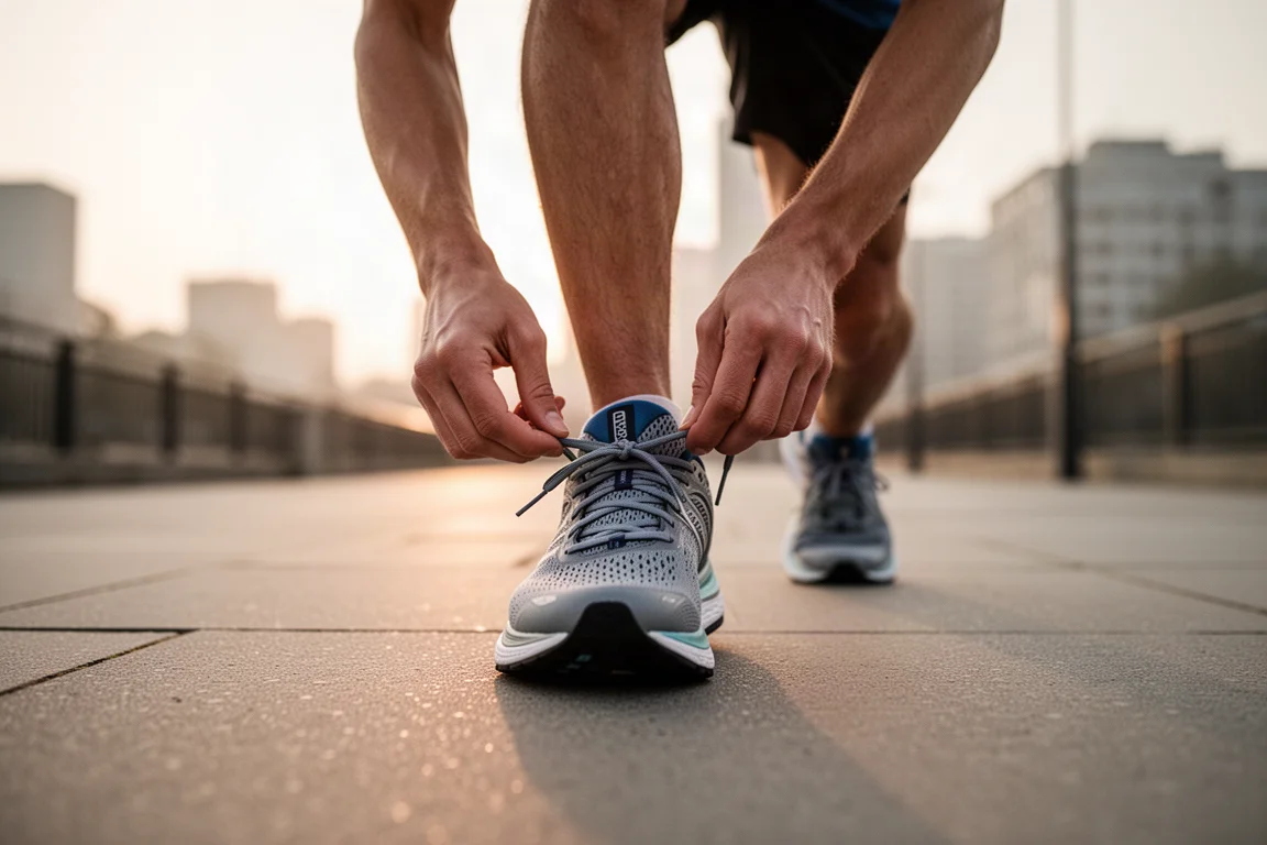 Coureur attachant les lacets de sa chaussure de running avant une sortie routière au petit matin