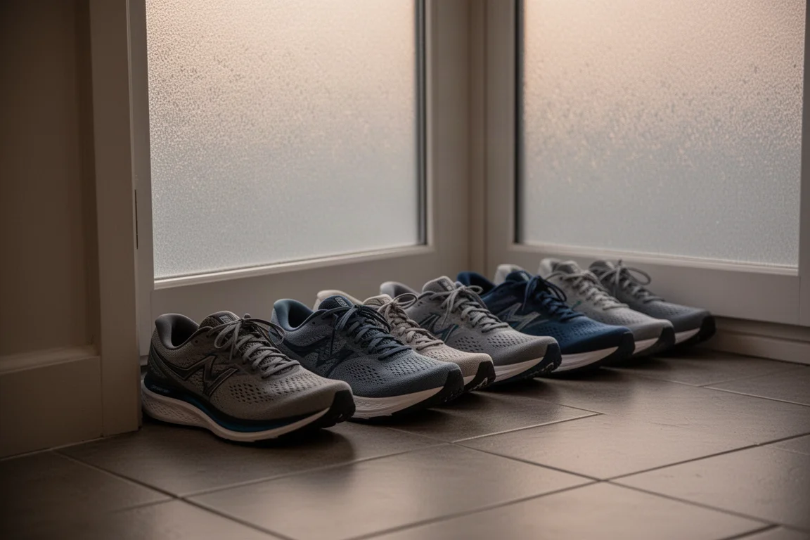 Chaussures de running alignées près d'une porte après une séance d'entraînement