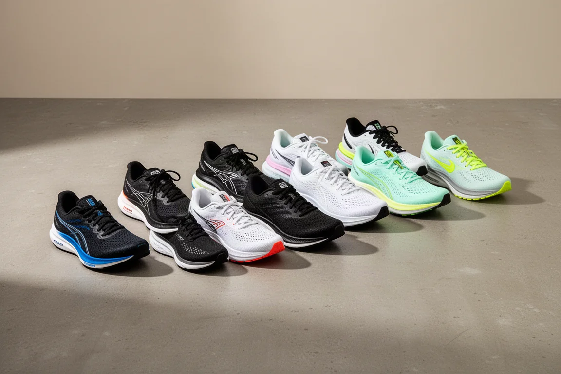 Row of discounted running shoes in mixed colorways on a concrete studio floor