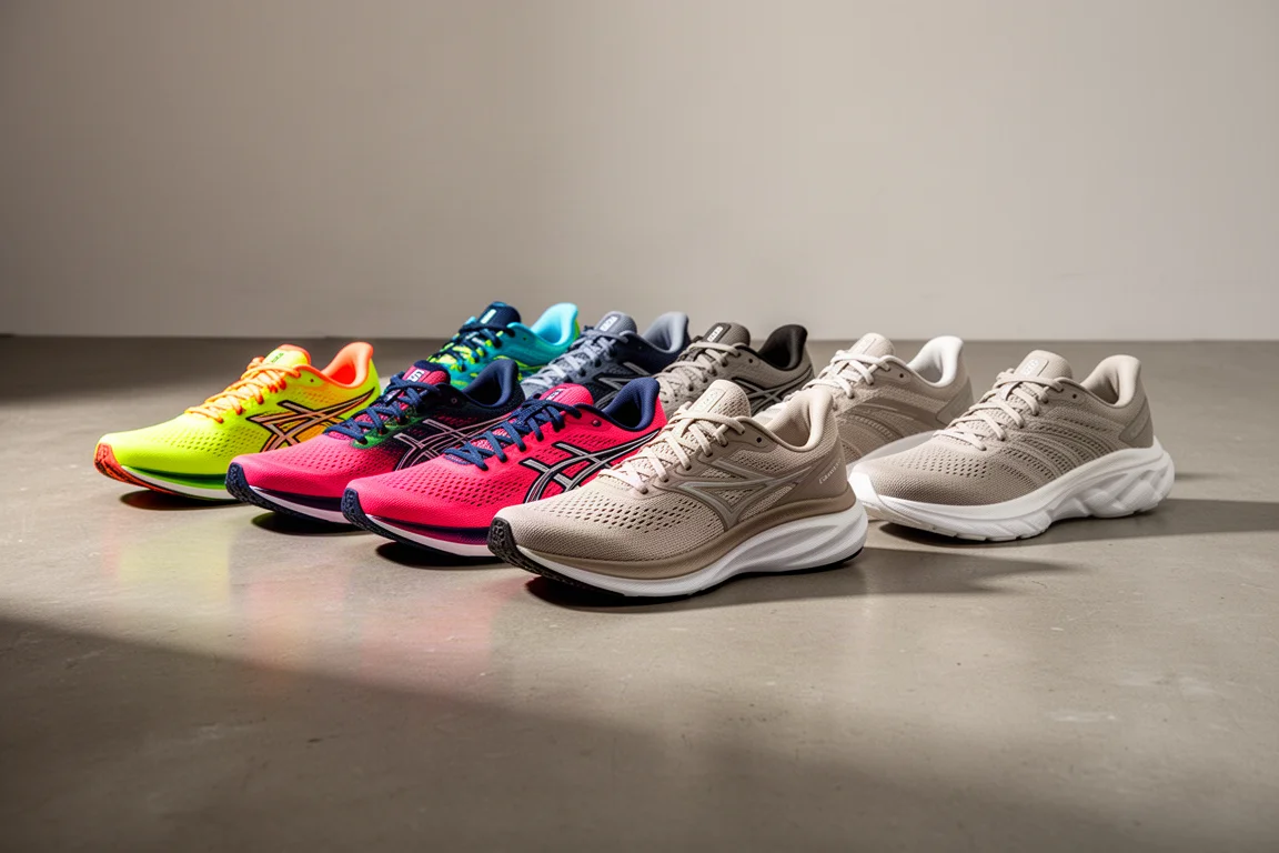Collection of modern running shoes arranged on a concrete studio floor