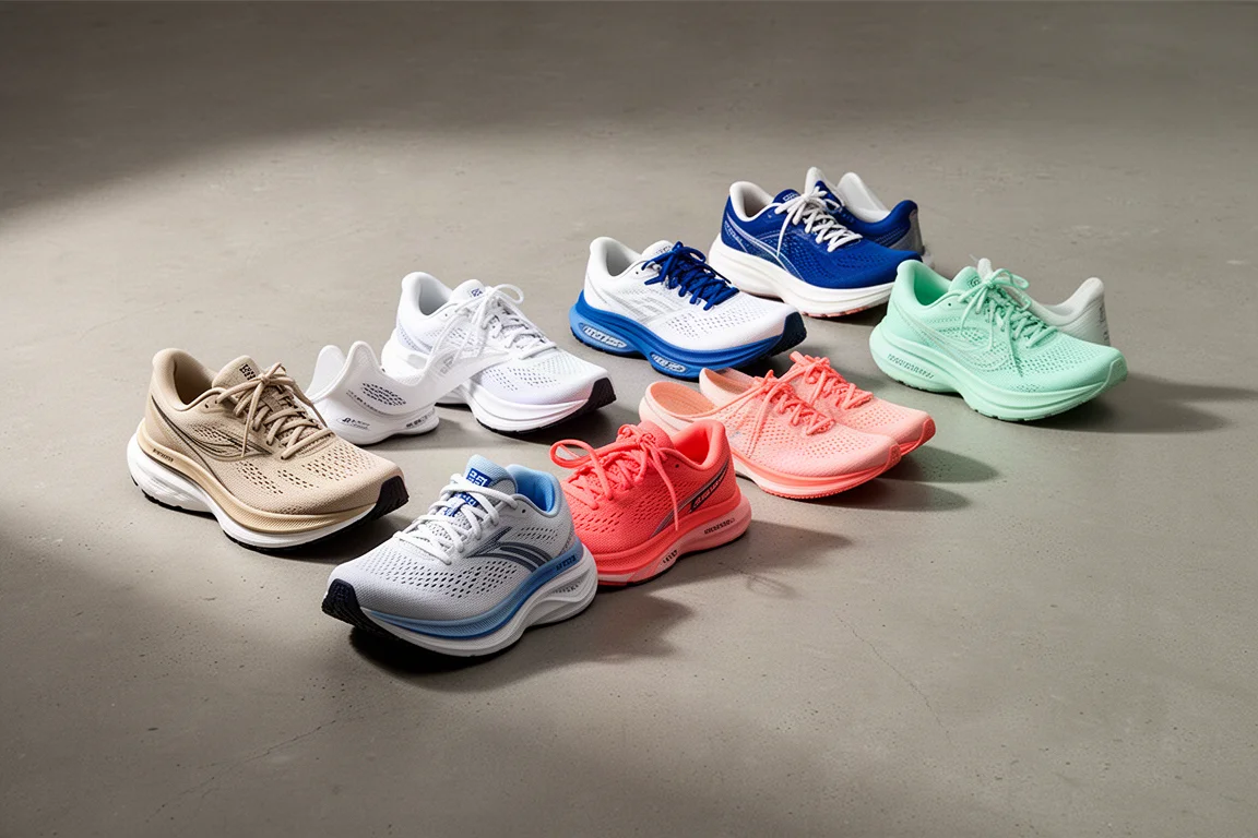Eight discounted running shoes in varied colourways lined up on a concrete studio floor