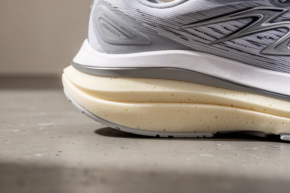 Närbild på en löparskos midsole i lager som visar skum och plattkonstruktion