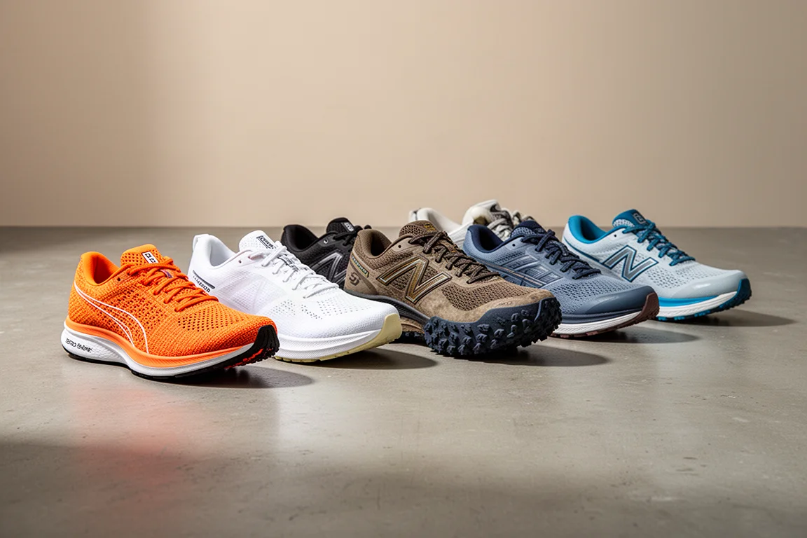 Eight discounted running shoes of varied styles arranged in a row on concrete