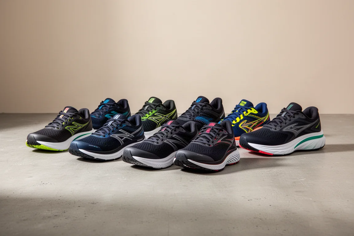 Eight running shoes in a row on a concrete surface showing varied midsole designs