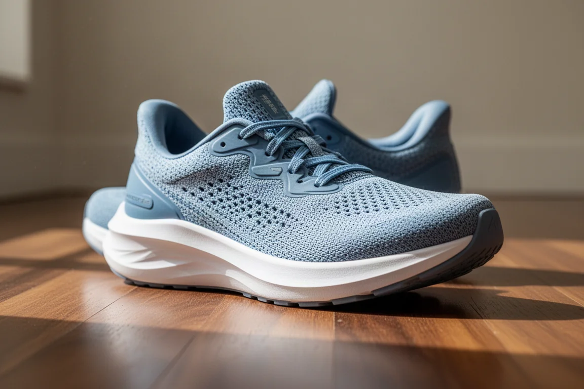 Chaussure de running quotidienne au coussin moelleux, photographiée sous un angle trois-quarts bas