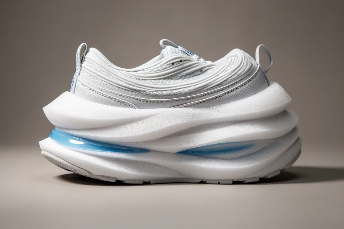 Semelle intermédiaire d'une chaussure de running à coussin maximal se comprimant doucement sur fond gris de studio