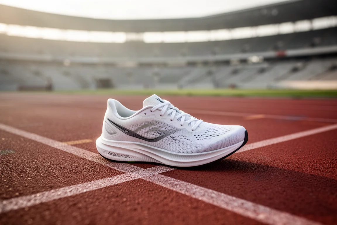 Chaussure de course légère sur une piste dans la lumière douce du matin