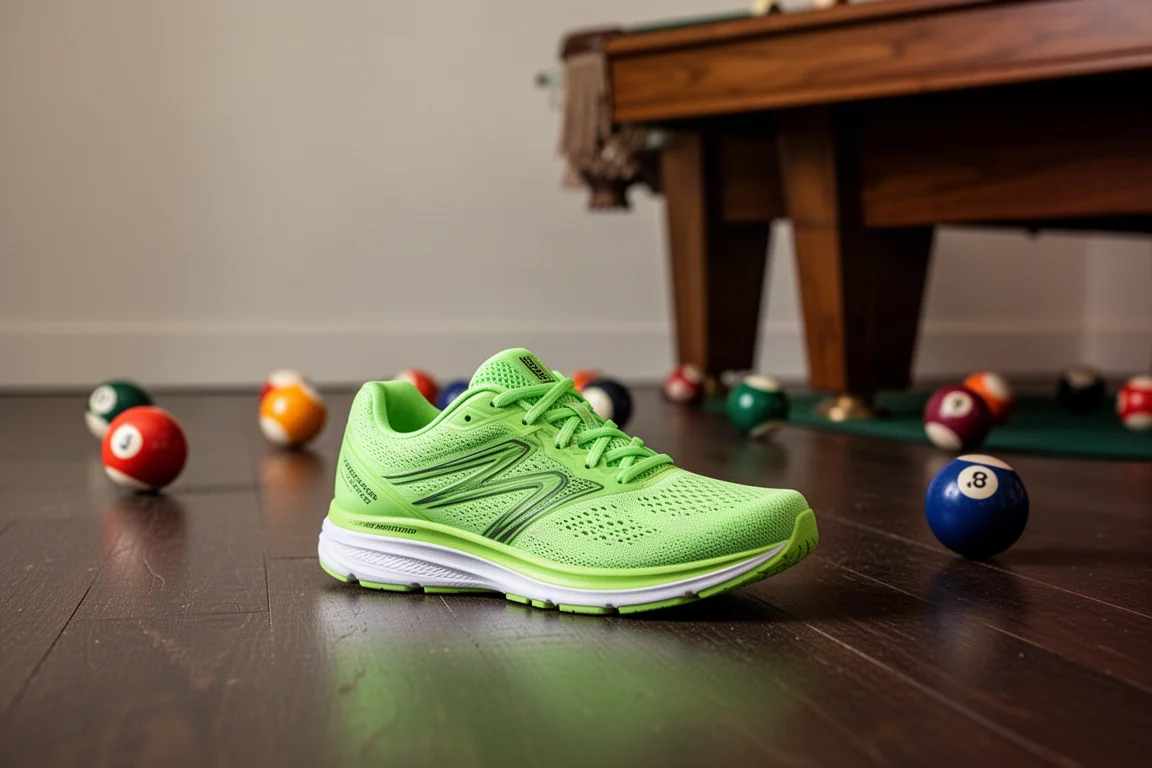 Chaussure de running quotidienne polyvalente à côté d'un billard sous une lumière intérieure chaleureuse