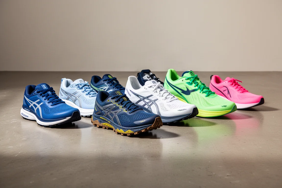 Nine varied running shoes arranged in a row on a concrete studio floor