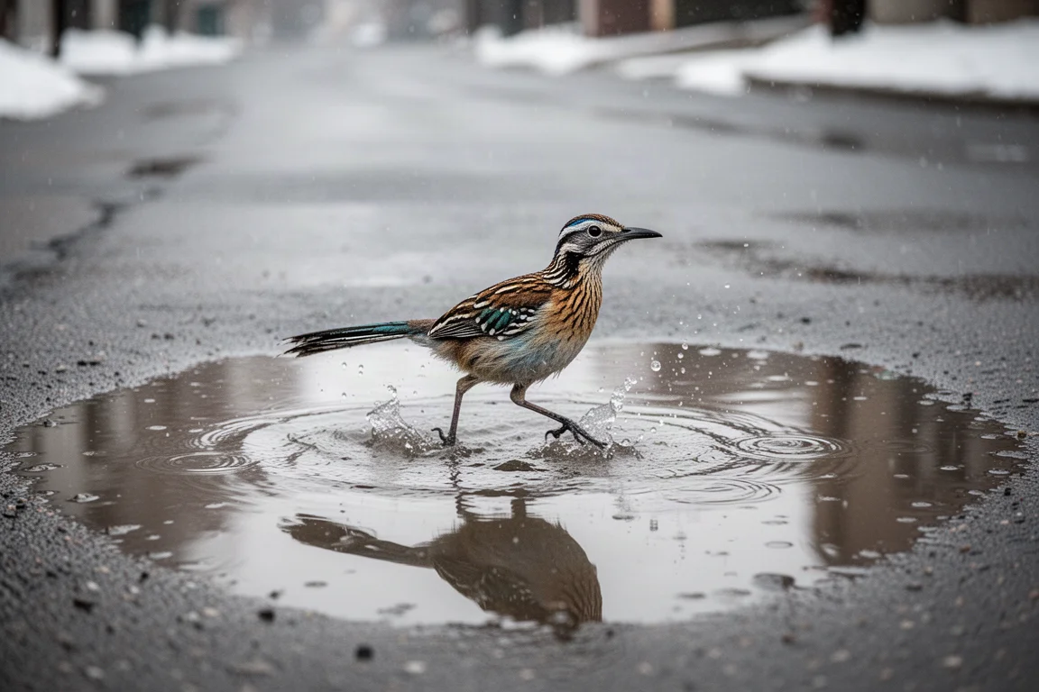 Corredor salpicando charcos en una carretera húmeda de invierno con ropa reflectante