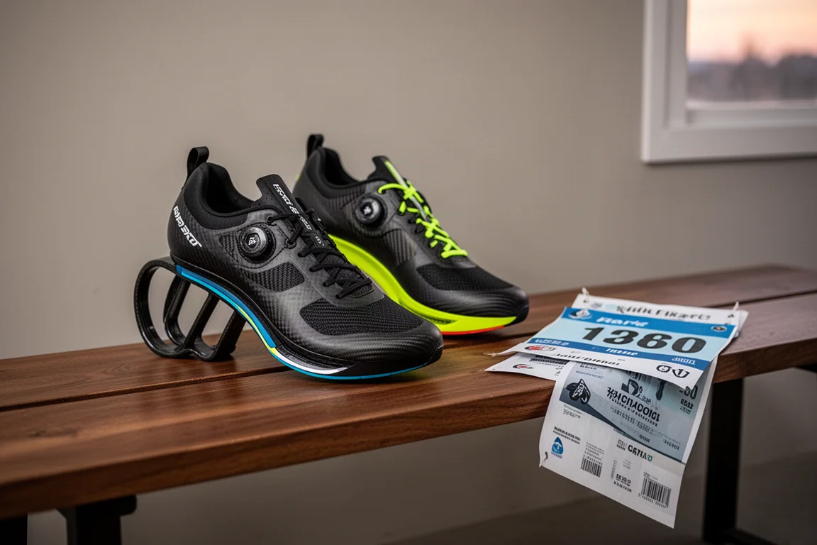 Un único par de superzapatillas de competición sobre un banco de madera junto a un dorsal de carrera