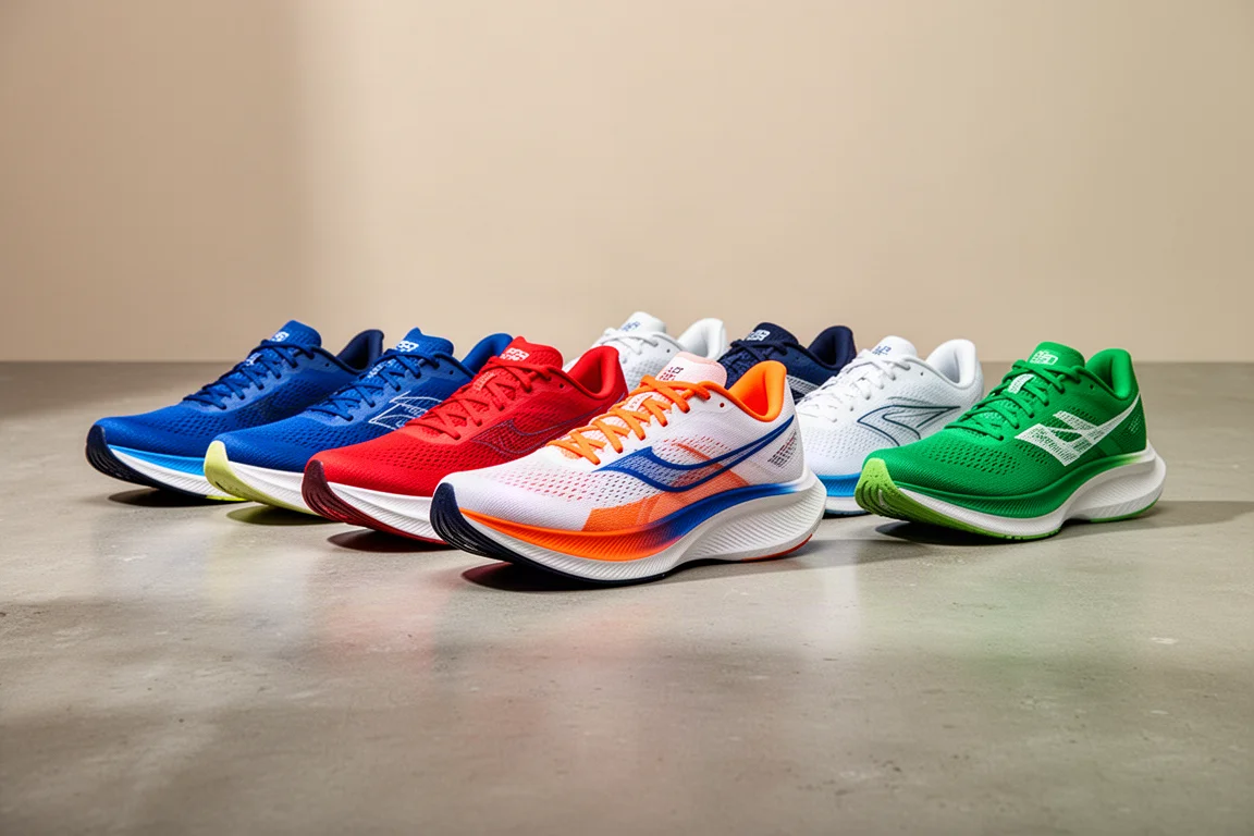 Lineup of eight discounted running shoes on a concrete surface