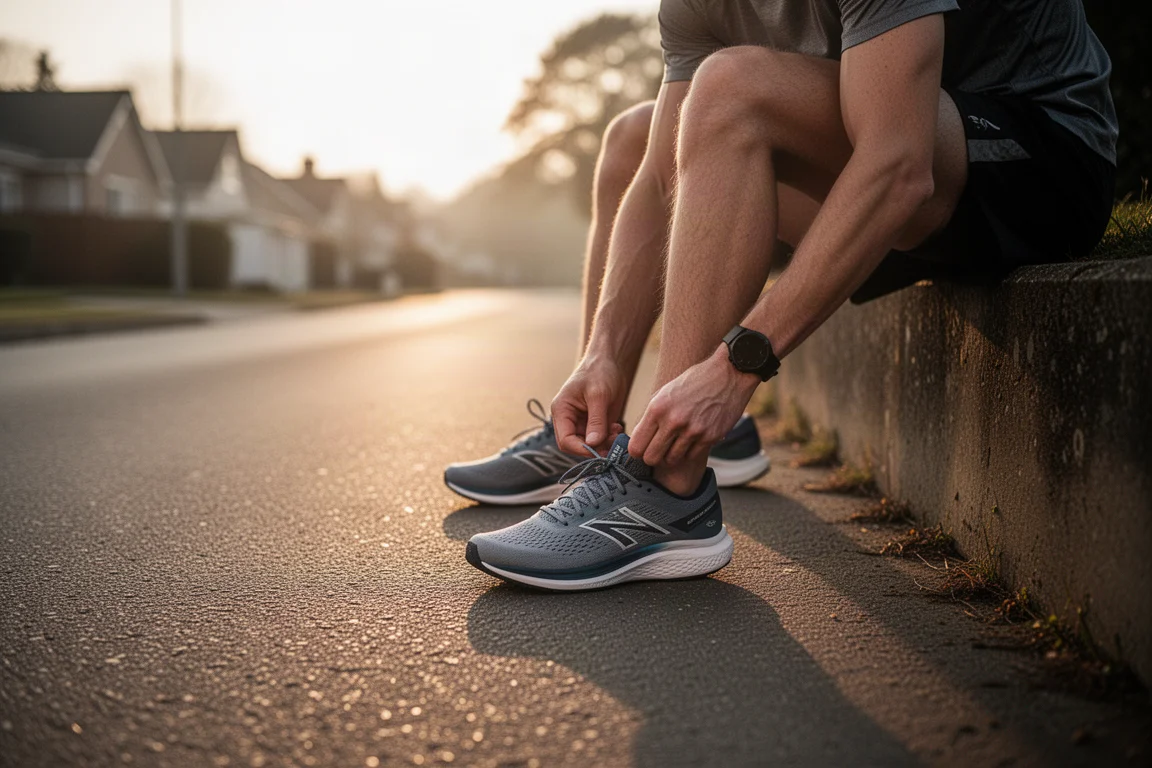Un corridore allaccia le scarpe da running su una strada silenziosa all'alba