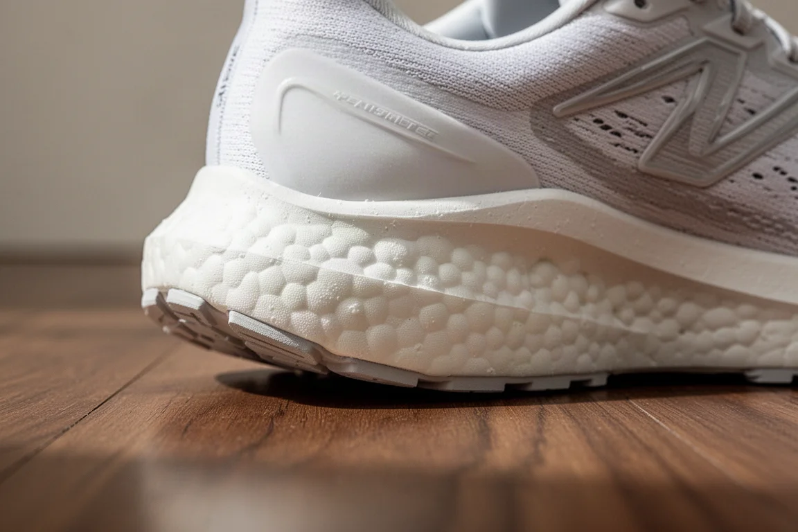Primo piano della intersuola di una scarpa da running con schiuma spessa e ammortizzata