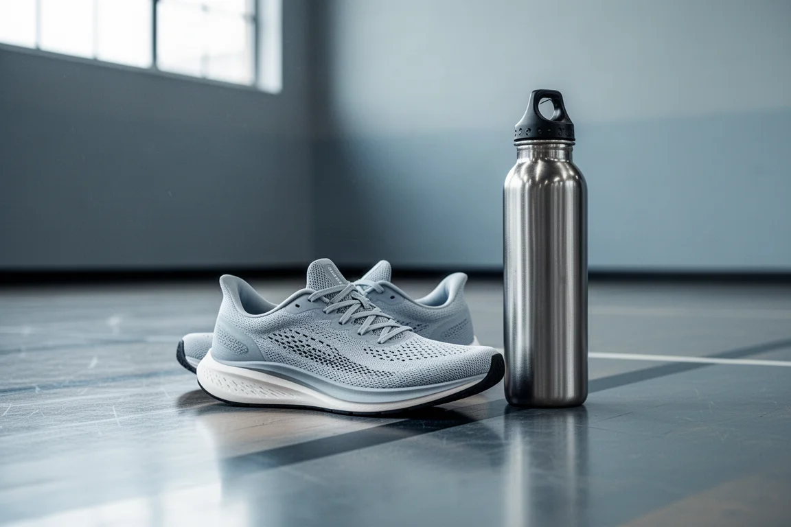 Scarpa da running leggera su un pavimento di palestra accanto a una borraccia