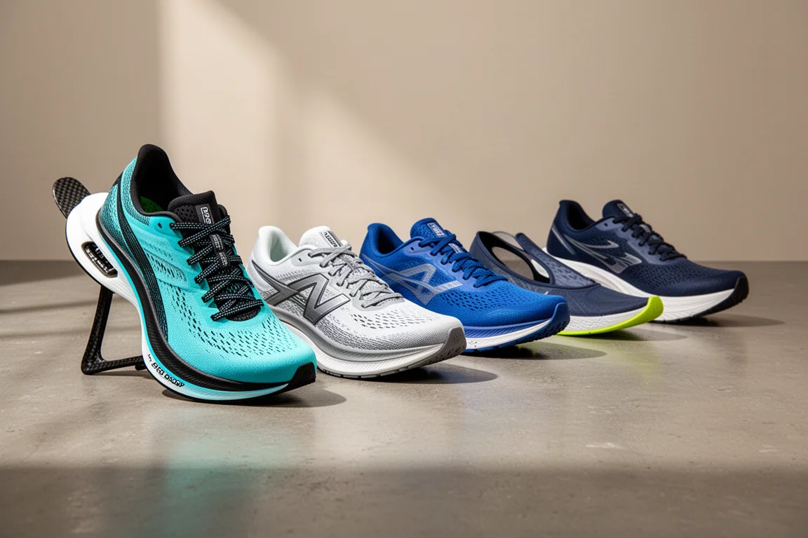A lineup of six different running shoes arranged on a concrete studio floor