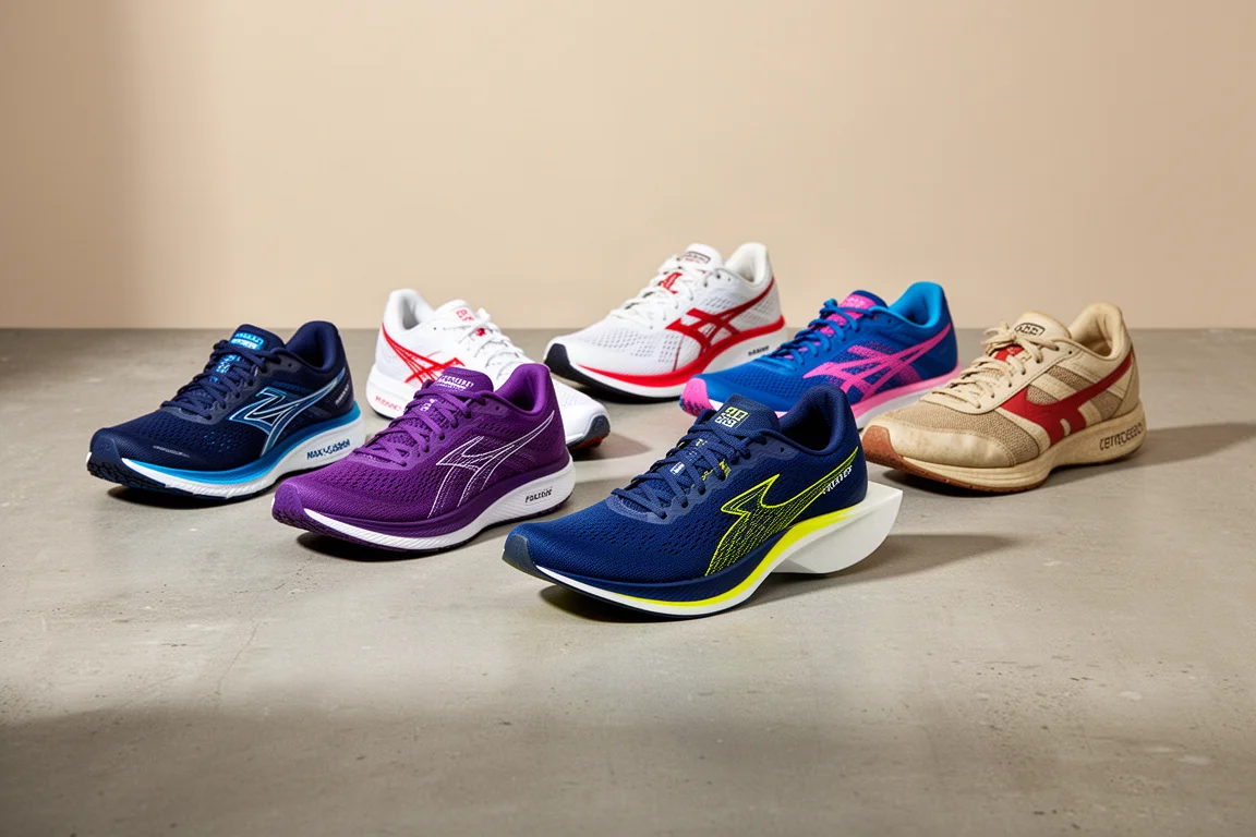 Seven running shoes in navy, purple, white, red and blue colorways arranged on a concrete surface
