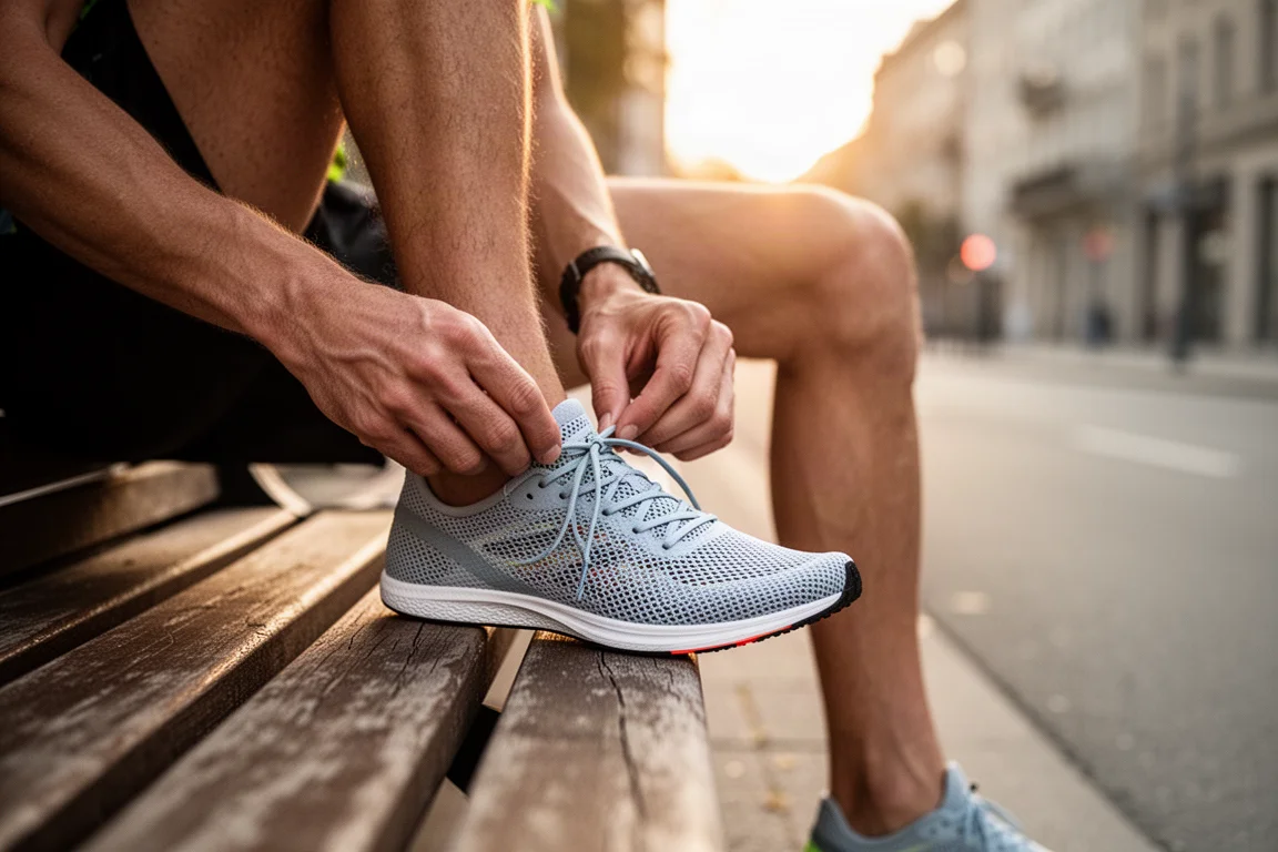 Runner lacing up a lightweight racing shoe before a road run