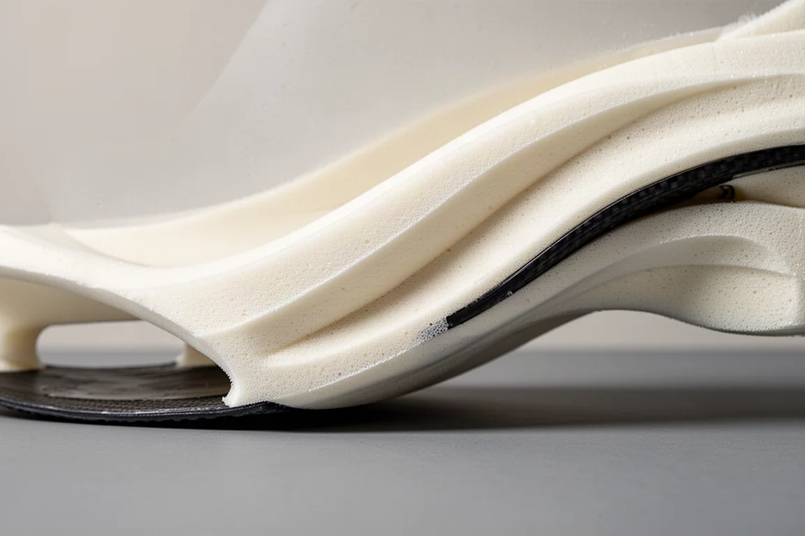 Close-up of a thick curved super shoe midsole showing its foam profile