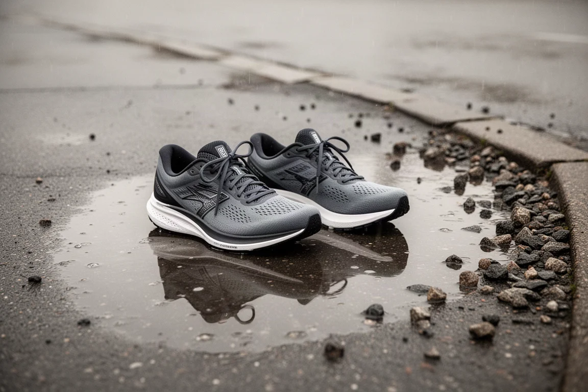 Running shoes on wet pavement during a rainy training run