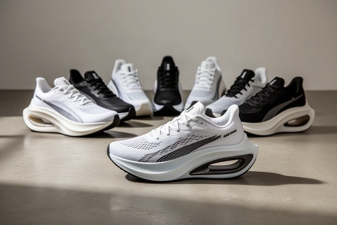 Collection of modern super running shoes with thick curved midsoles on concrete
