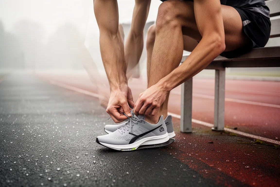 Hardloper die een licht raceschoen vetert op een atletiekbaan in het ochtendlicht