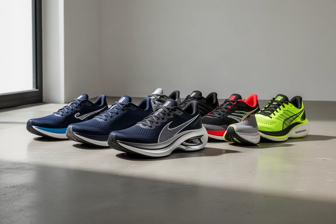 Lineup of eight discounted running shoes on a concrete floor
