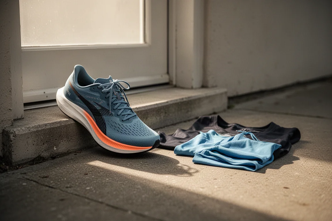 Scarpa da running con placca in carbonio appoggiata sulla soglia di casa di un runner prima di un allenamento mattutino