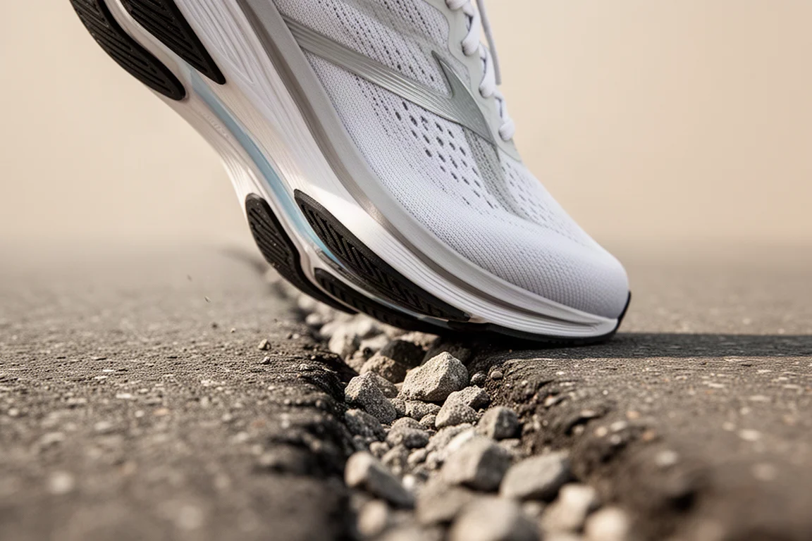 Primo piano dei tasselli della suola di una scarpa da running su un misto di asfalto e ghiaia