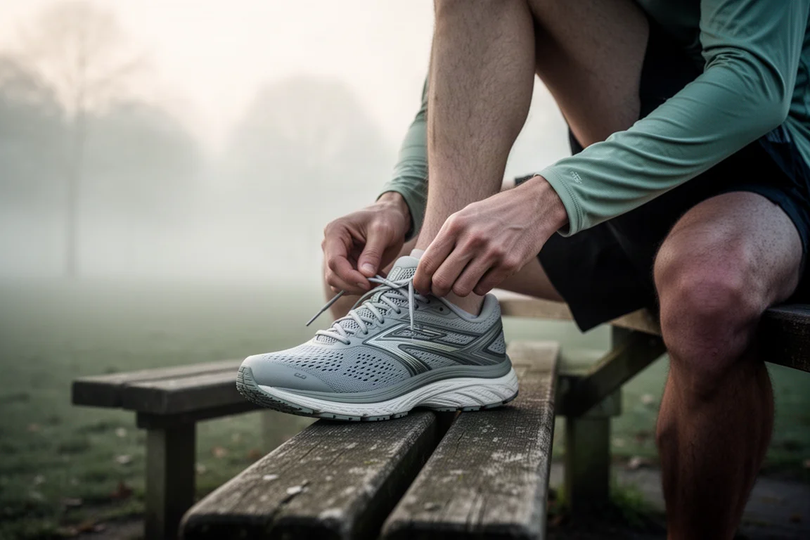 Runner che allaccia le stringhe di una scarpa ammortizzata su una panchina del parco all'alba